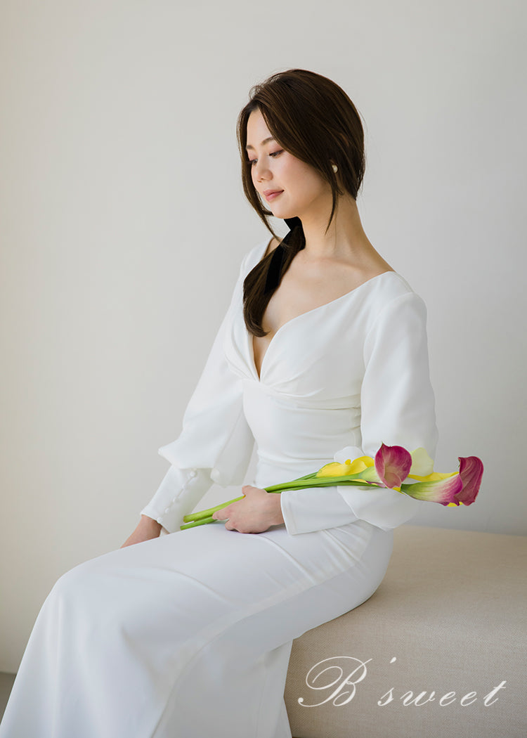 【wd382ls】プランジングネックロングスリーブドレス 2カラー マーメイドライン