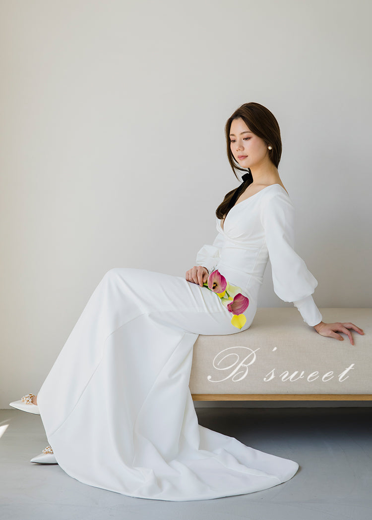 【wd382ls】プランジングネックロングスリーブドレス 2カラー マーメイドライン