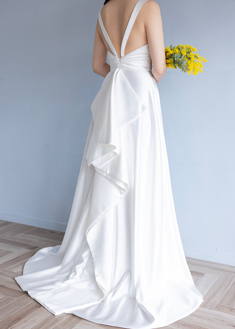 【wd484ls】ノースリーブバックデザインサテンドレス Aライン