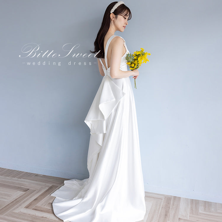 【wd484ls】ノースリーブバックデザインサテンドレス Aライン