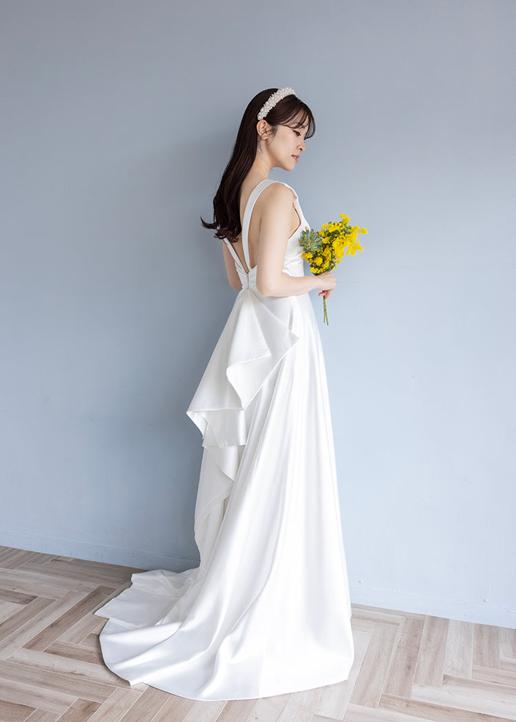 【wd484ls】ノースリーブバックデザインサテンドレス Aライン