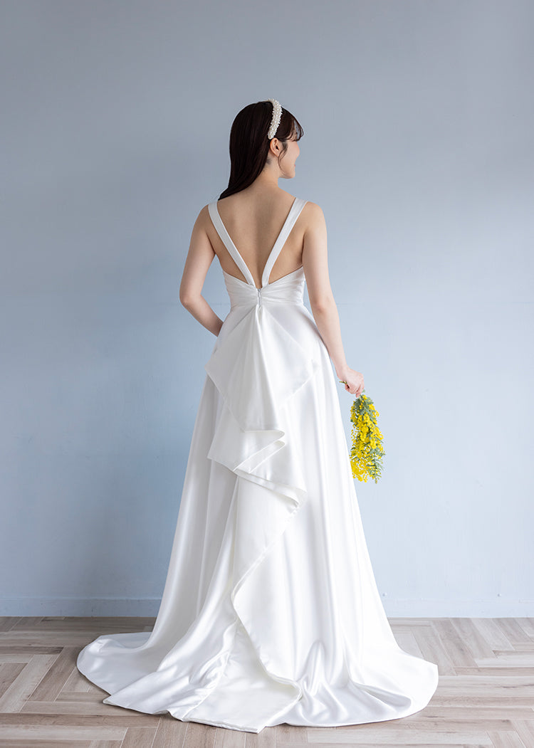 【wd484ls】ノースリーブバックデザインサテンドレス Aライン