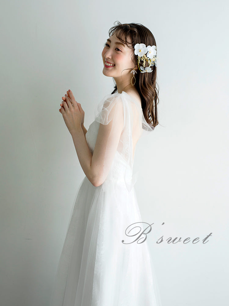 【wd510ls】ショルダーリボンVネックレースドレス Aライン