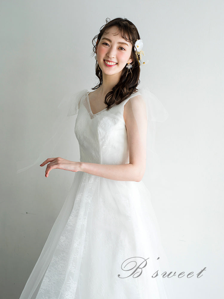 【wd510ls】ショルダーリボンVネックレースドレス Aライン