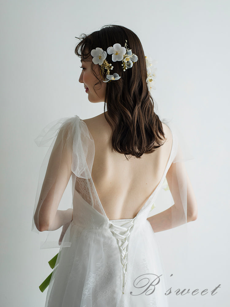 【wd510ls】ショルダーリボンVネックレースドレス Aライン