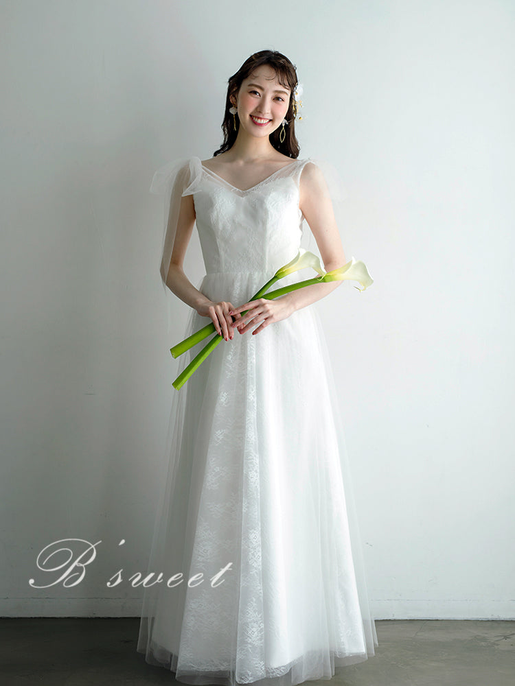 【wd510ls】ショルダーリボンVネックレースドレス Aライン