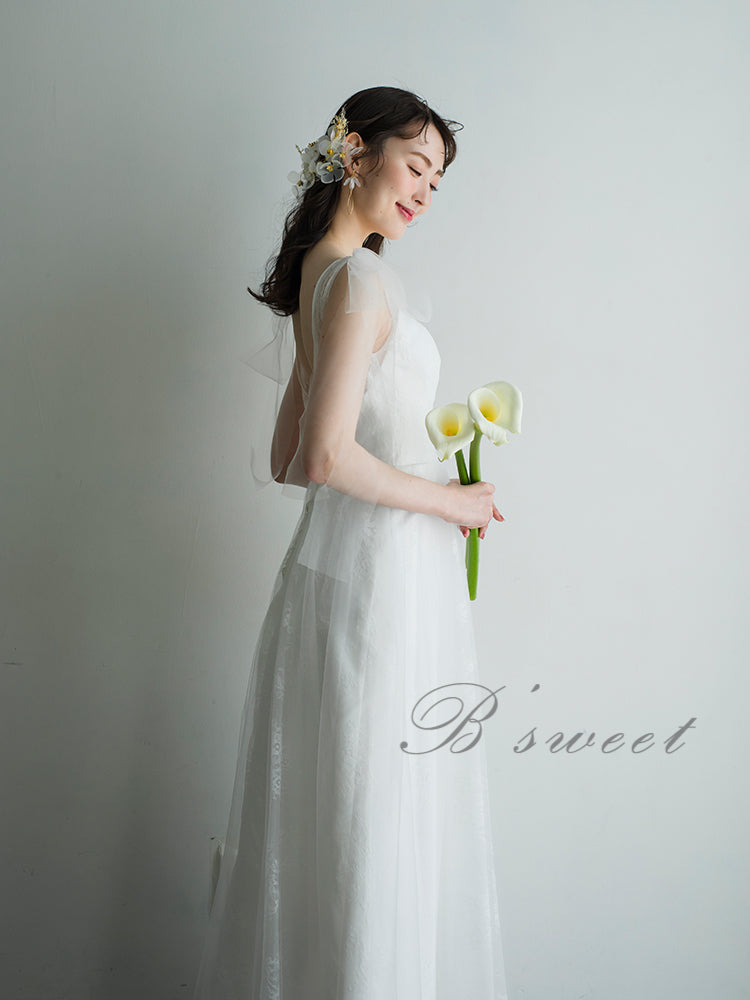 【wd510ls】ショルダーリボンVネックレースドレス Aライン