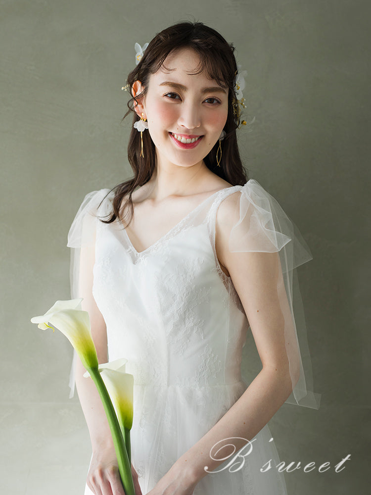 【wd510ls】ショルダーリボンVネックレースドレス Aライン