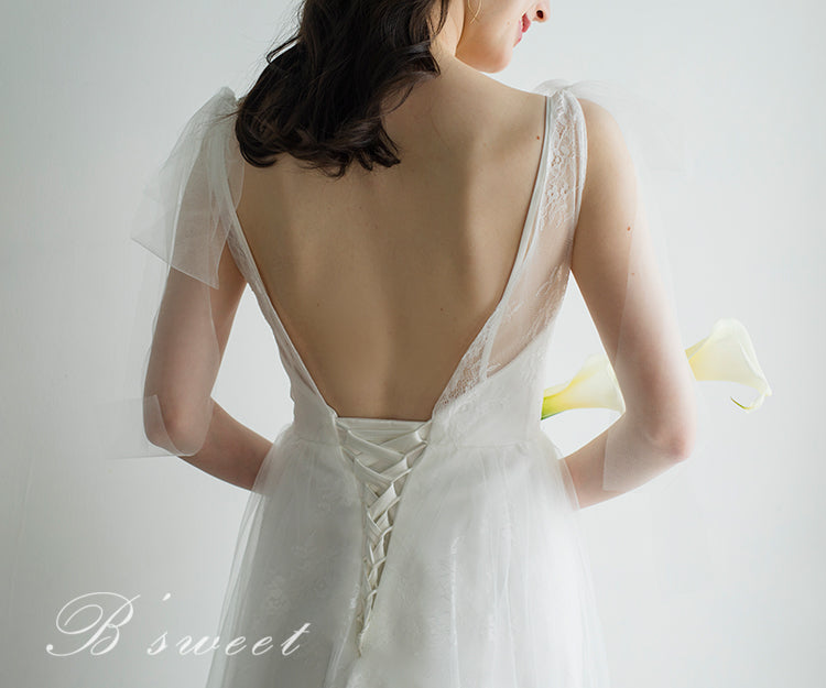 【wd510ls】ショルダーリボンVネックレースドレス Aライン