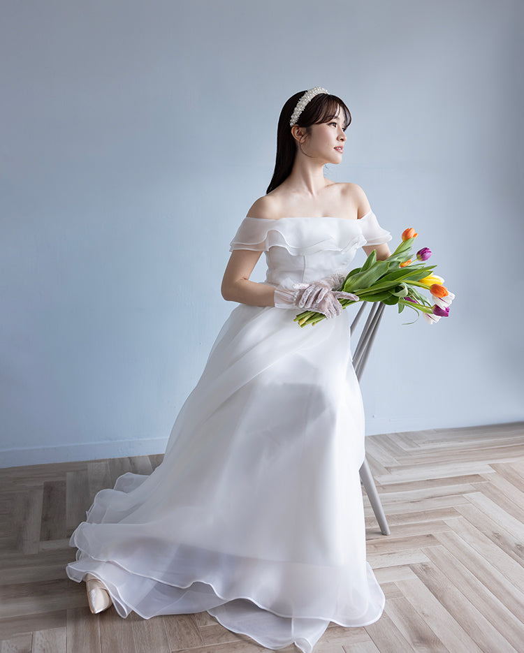 【wd515ls】オフショルオーガーンジーシアードレス Aライン