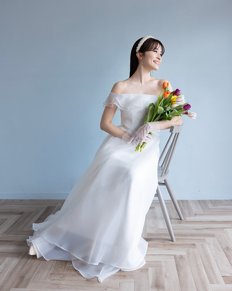 【wd515ls】オフショルオーガンジーシアードレス Aライン
