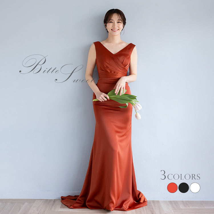 MD04【hwd519ls】ノースリーブサテンVネックマーメイドドレス マーメイドライン 3カラー