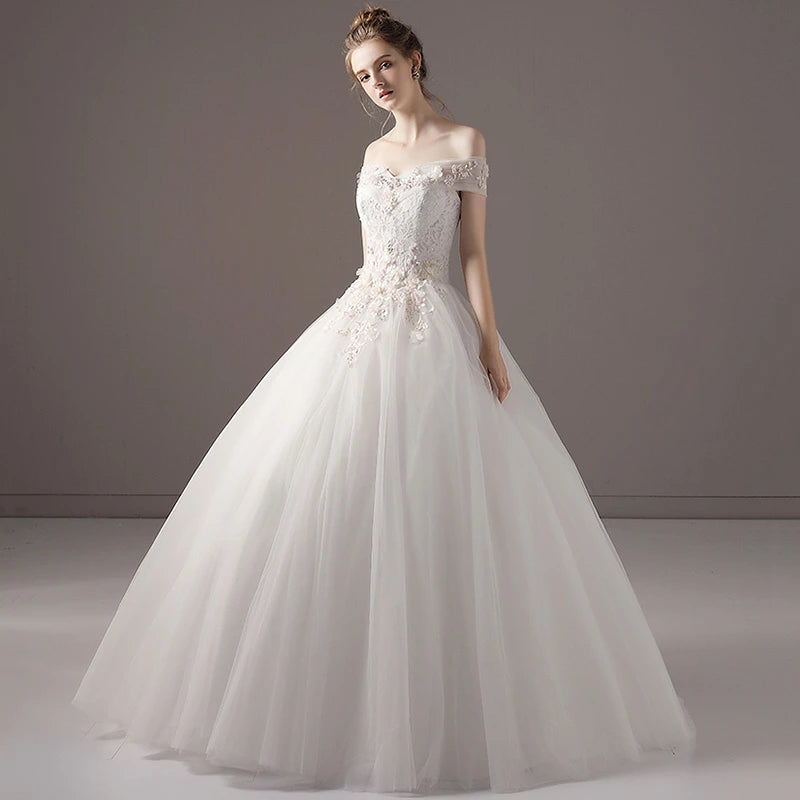 【wd52m】 オフショルダーフラワー刺繍ドレス プリンセスライン