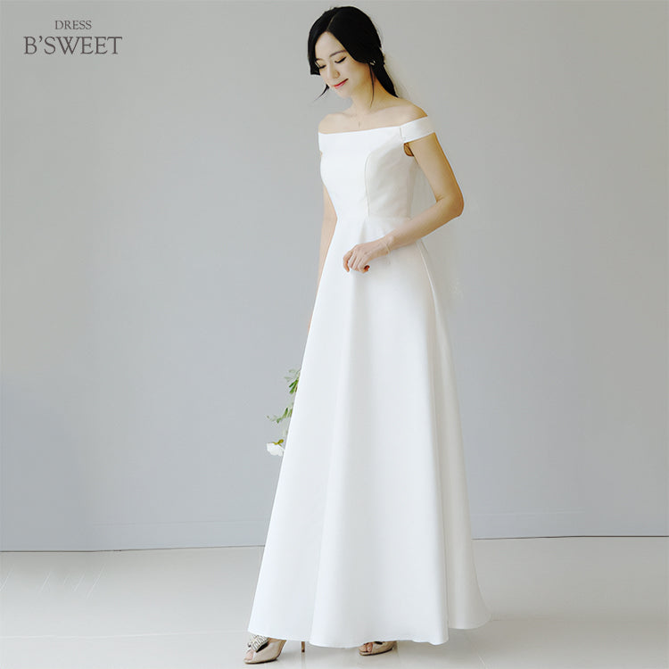 【wd612ls】オフショルダーシンプルサテンドレス Aライン