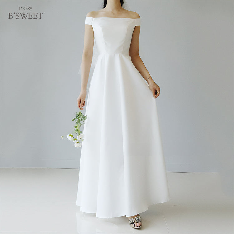 【wd612ls】オフショルダーシンプルサテンドレス Aライン