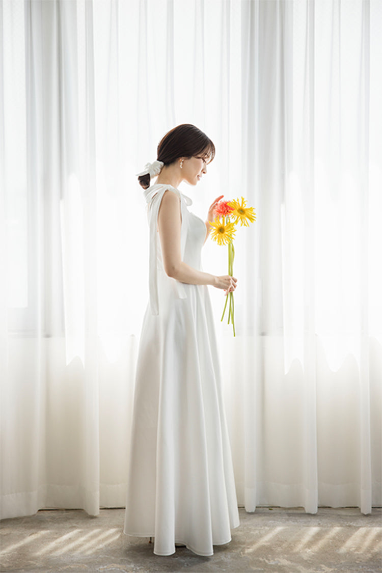 【wd647mi】肩リボンサテンAラインドレス 2カラー