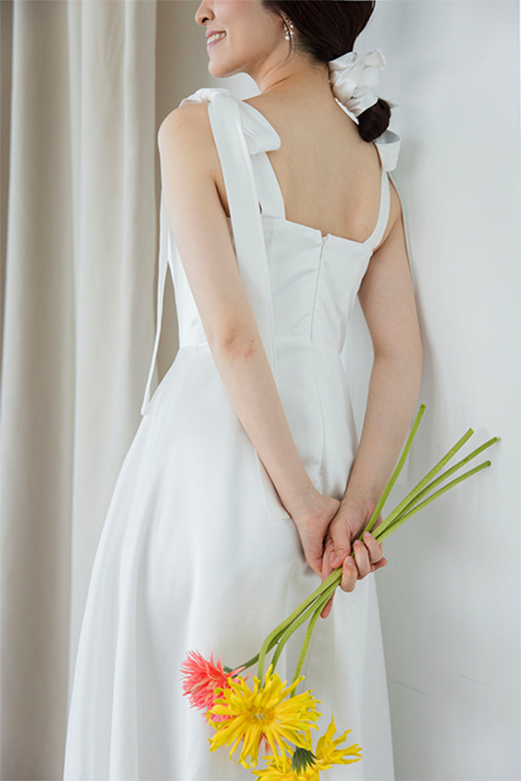 【wd647mi】肩リボンサテンAラインドレス 2カラー