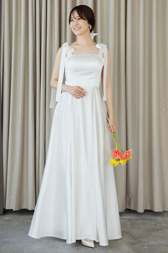 【wd647mi】肩リボンサテンAラインドレス 2カラー