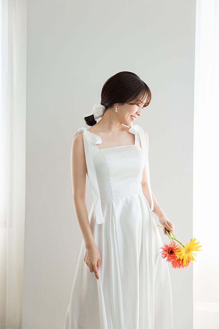 【wd647mi】肩リボンサテンAラインドレス 2カラー