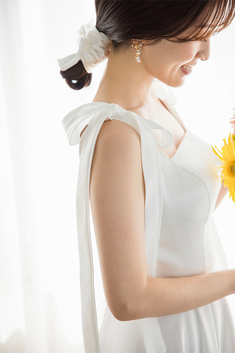 【wd647mi】肩リボンサテンAラインドレス 2カラー