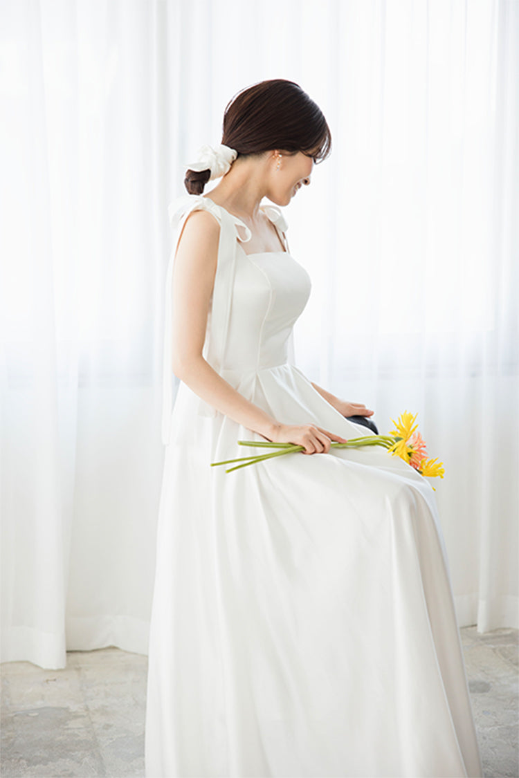 【wd647mi】肩リボンサテンAラインドレス 2カラー