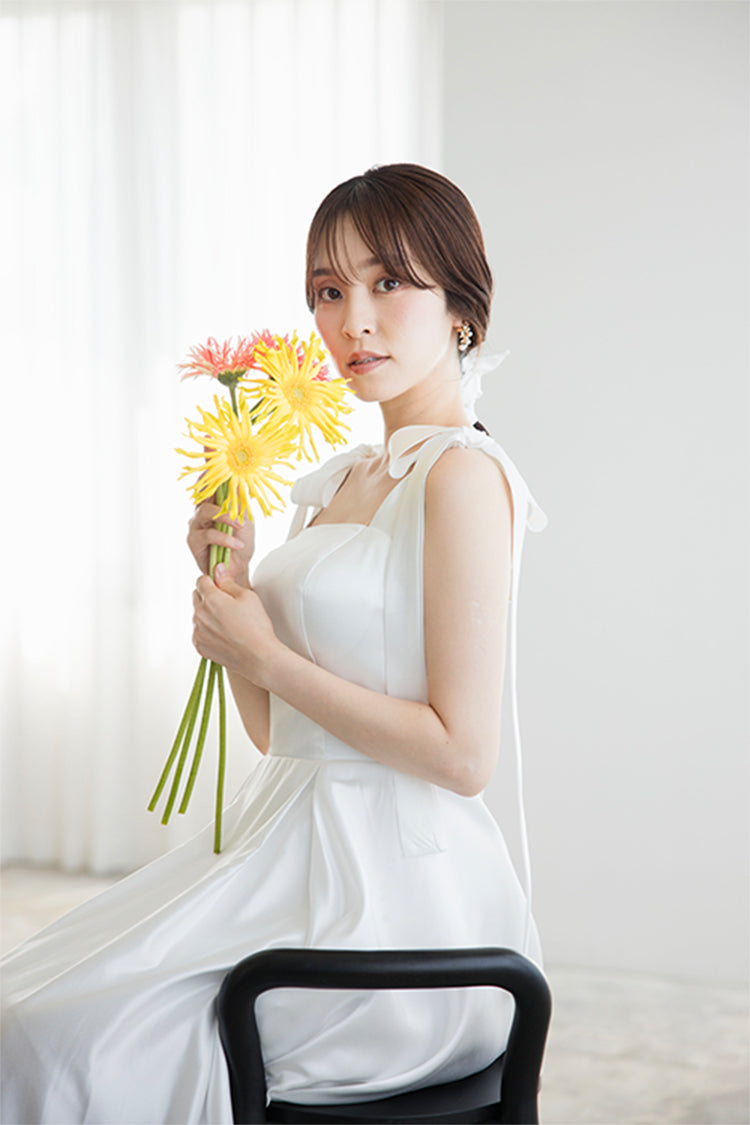 【wd647mi】肩リボンサテンAラインドレス 2カラー