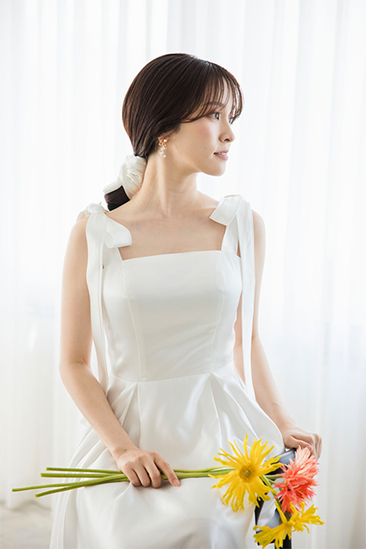 【wd647mi】肩リボンサテンAラインドレス 2カラー