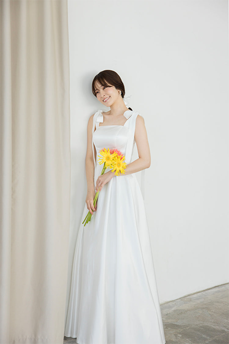 【wd647mi】肩リボンサテンAラインドレス 2カラー