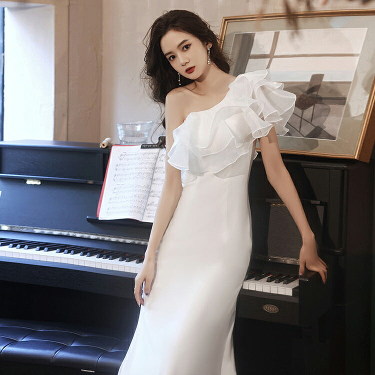 【wd648mi】ワンショルダーフリルソフトマーメイドドレス