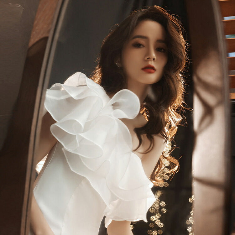 【wd648mi】ワンショルダーフリルソフトマーメイドドレス