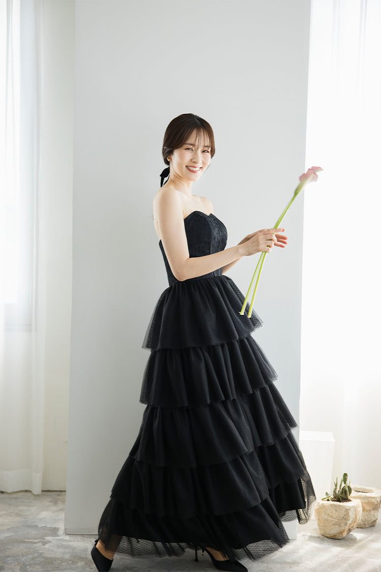 【wd651vt】選べる2スタイル レースティアードスカートブラックドレス