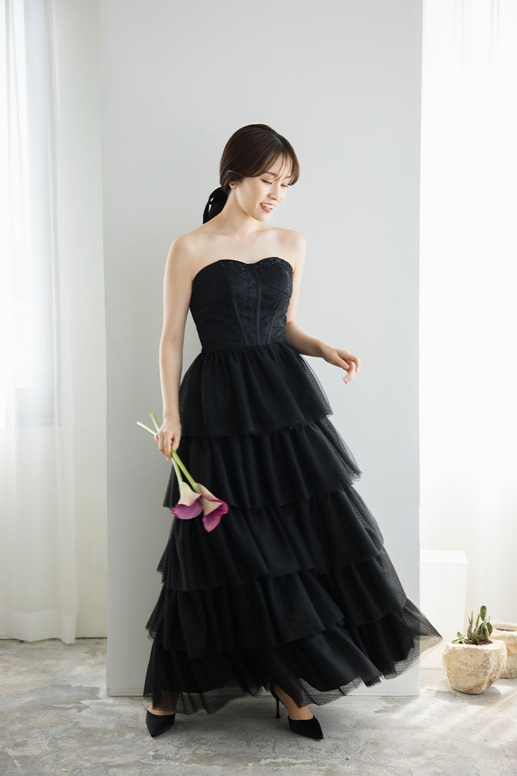 【wd651vt】選べる2スタイル レースティアードスカートブラックドレス