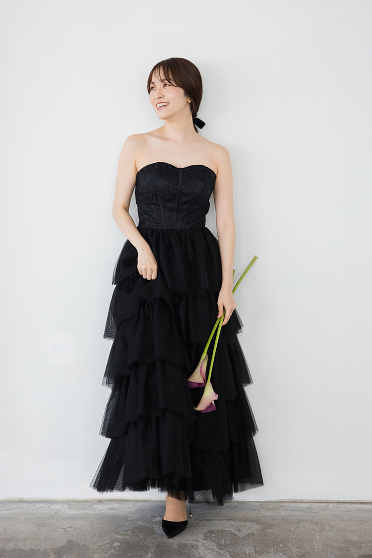 【wd651vt】選べる2スタイル レースティアードスカートブラックドレス