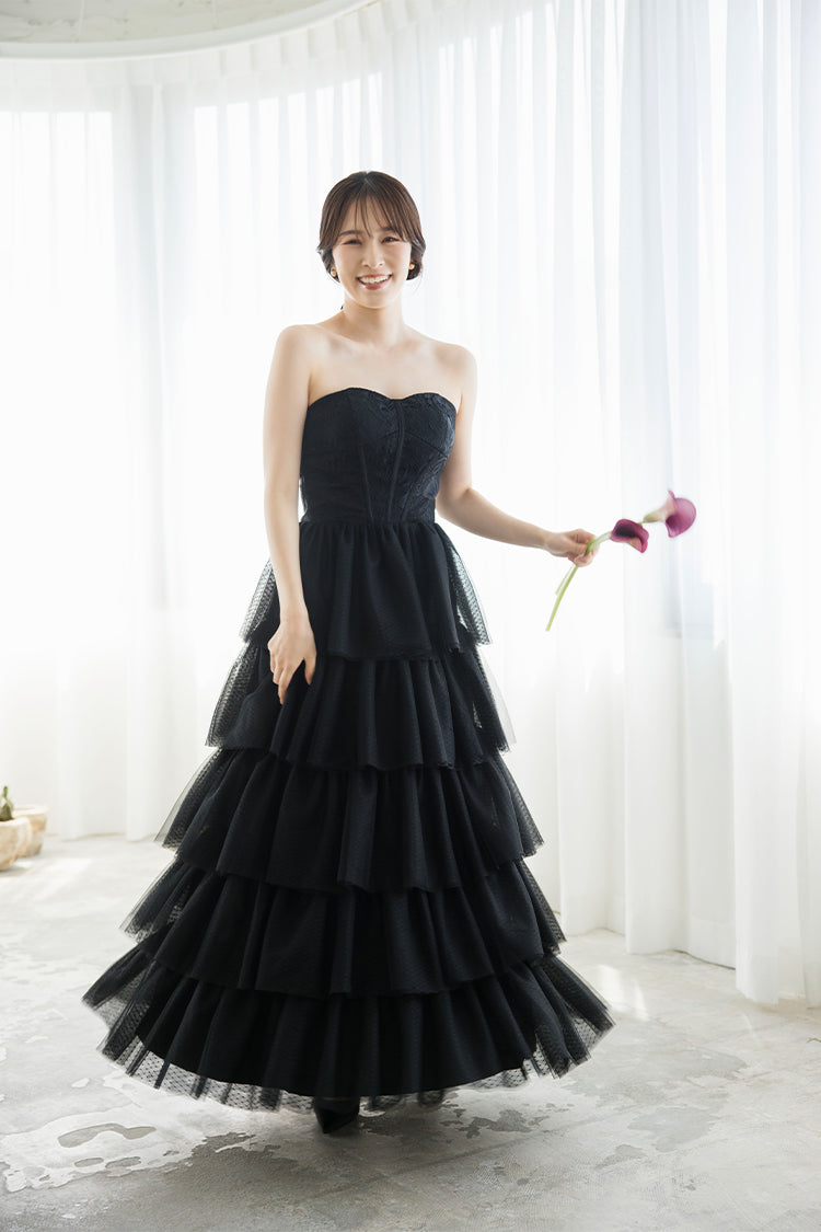 【wd651vt】選べる2スタイル レースティアードスカートブラックドレス