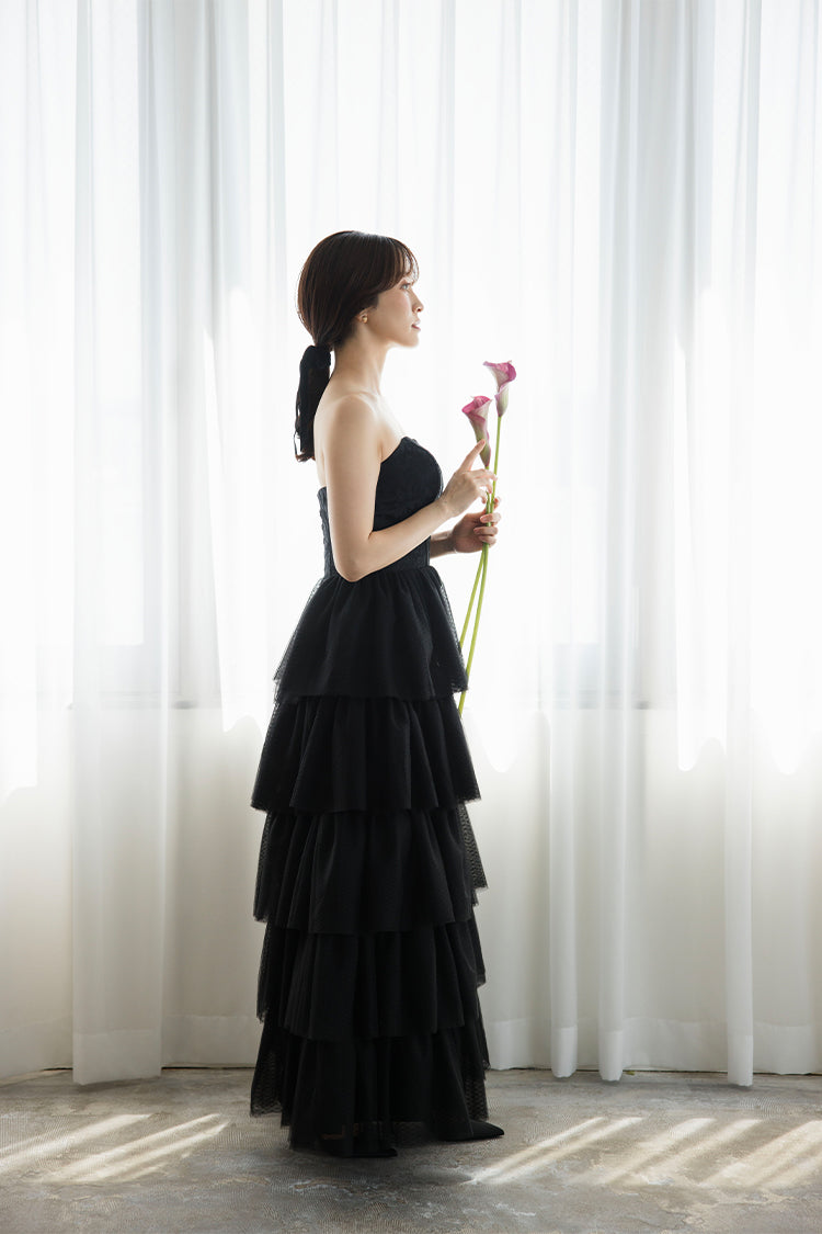 【wd651vt】選べる2スタイル レースティアードスカートブラックドレス