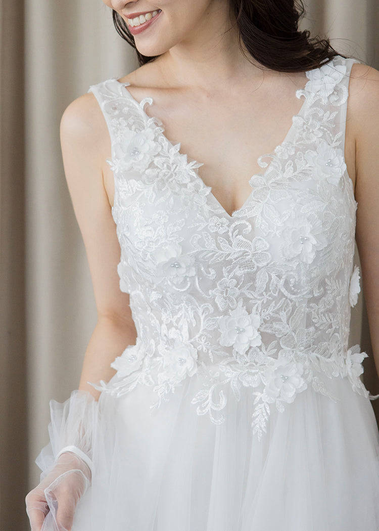 【wd652vt】Vネックフラワーモチーフチュールドレス Aライン