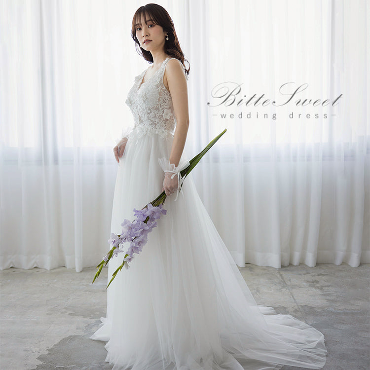 【wd652vt】Vネックフラワーモチーフチュールドレス Aライン