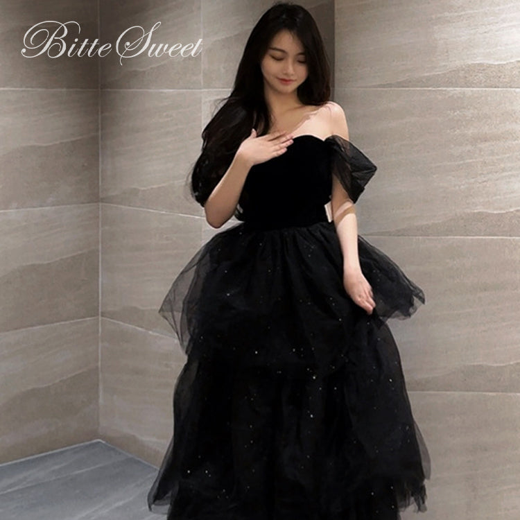 【wd663yn】ベロアティアードグリッタードレス ブラック