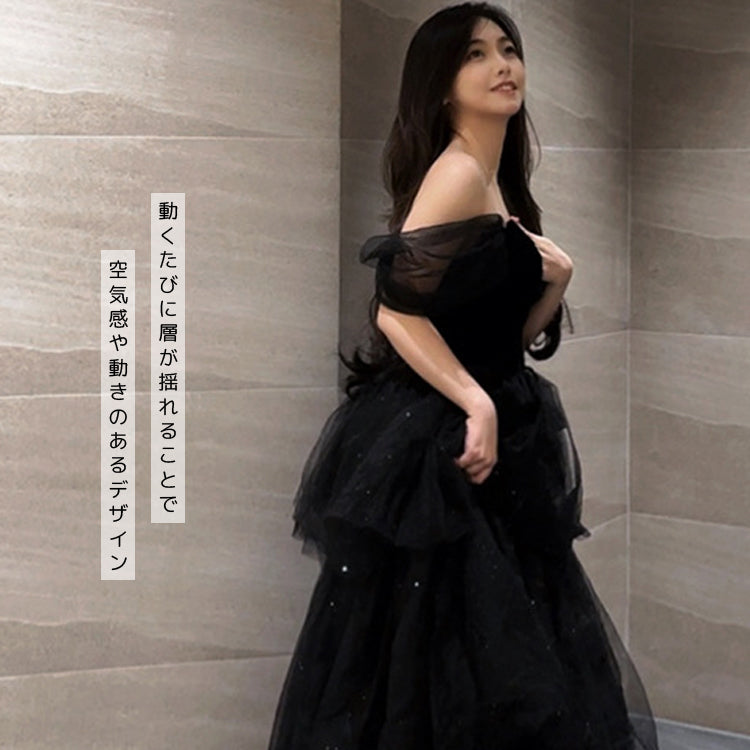 【wd663yn】ベロアティアードグリッタードレス ブラック