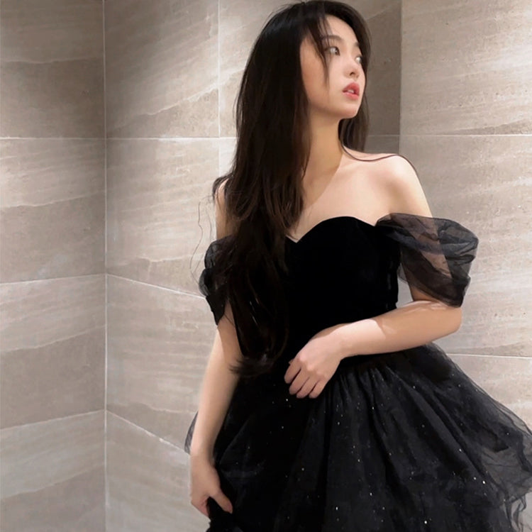 【wd663yn】ベロアティアードグリッタードレス ブラック