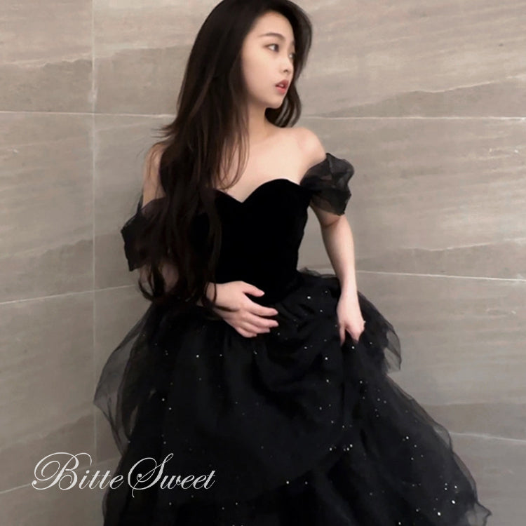 【wd663yn】ベロアティアードグリッタードレス ブラック