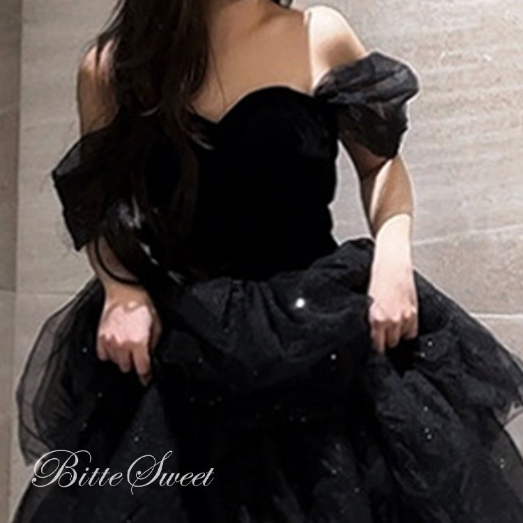 【wd663yn】ベロアティアードグリッタードレス ブラック