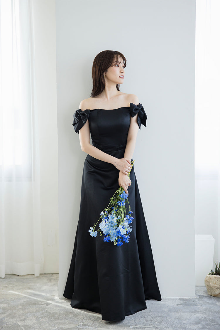 【wd674jx】サテンオフショルリボンドレス Aライン