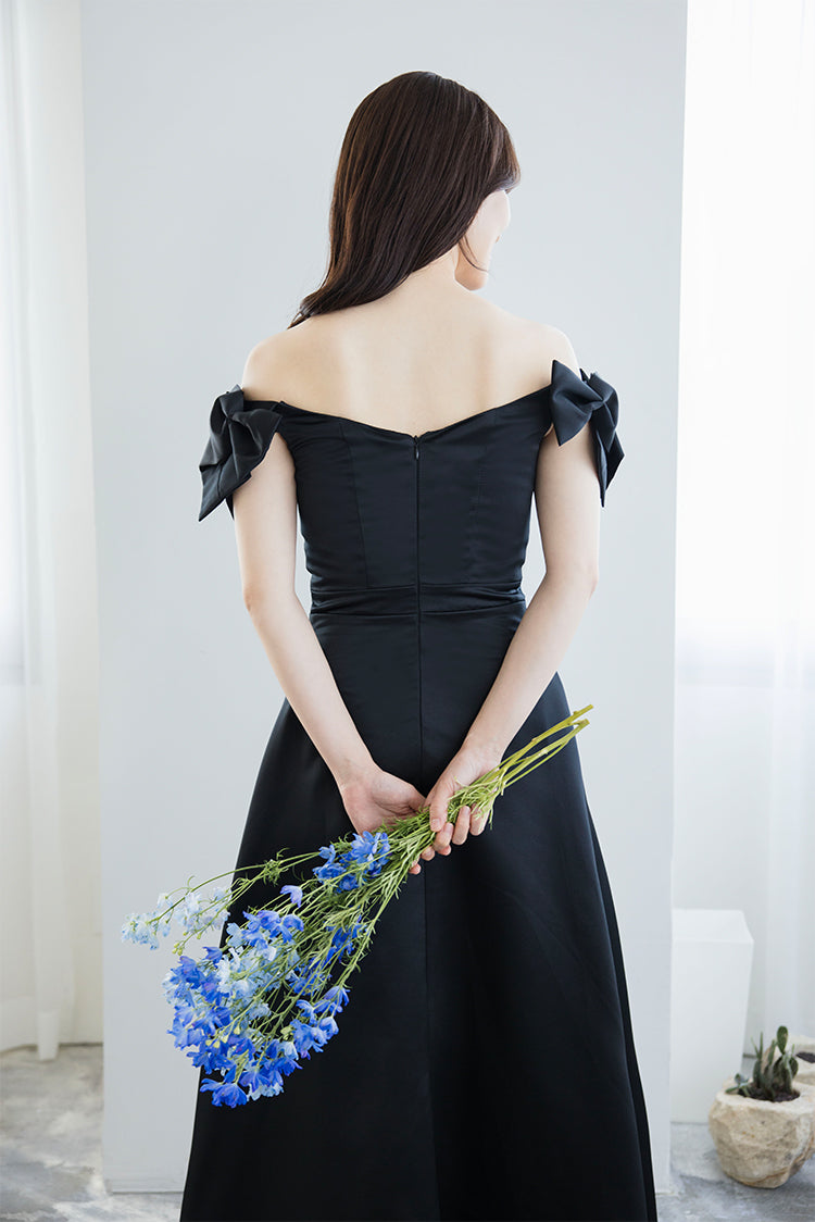 【wd674jx】サテンオフショルリボンドレス Aライン