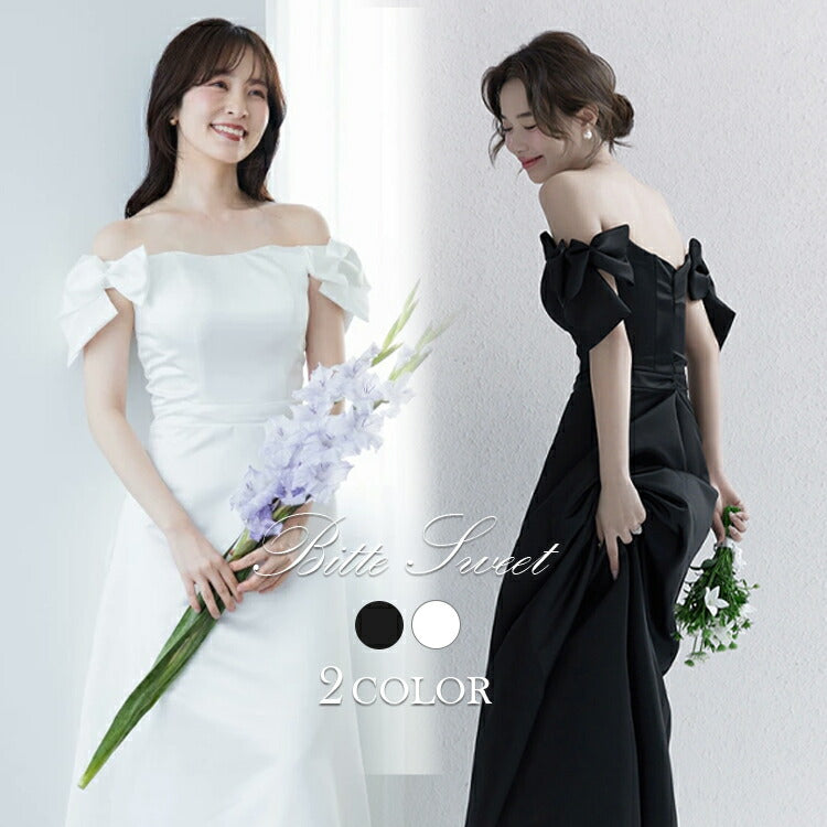 【wd674jx】サテンオフショルリボンドレス Aライン