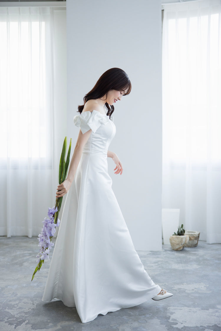 【wd674jx】サテンオフショルリボンドレス Aライン