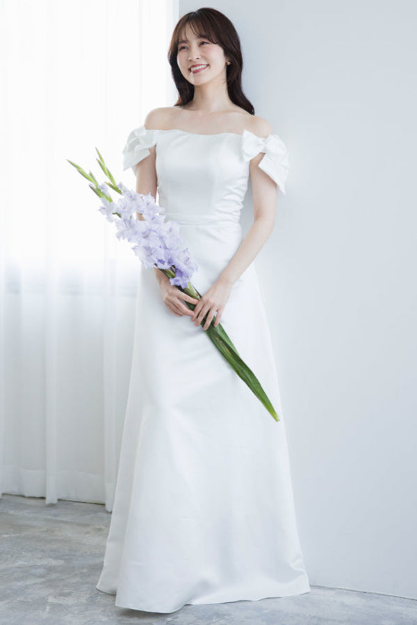 【wd674jx】サテンオフショルリボンドレス Aライン
