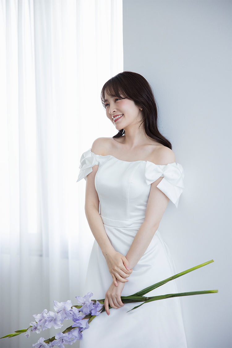 【wd674jx】サテンオフショルリボンドレス Aライン