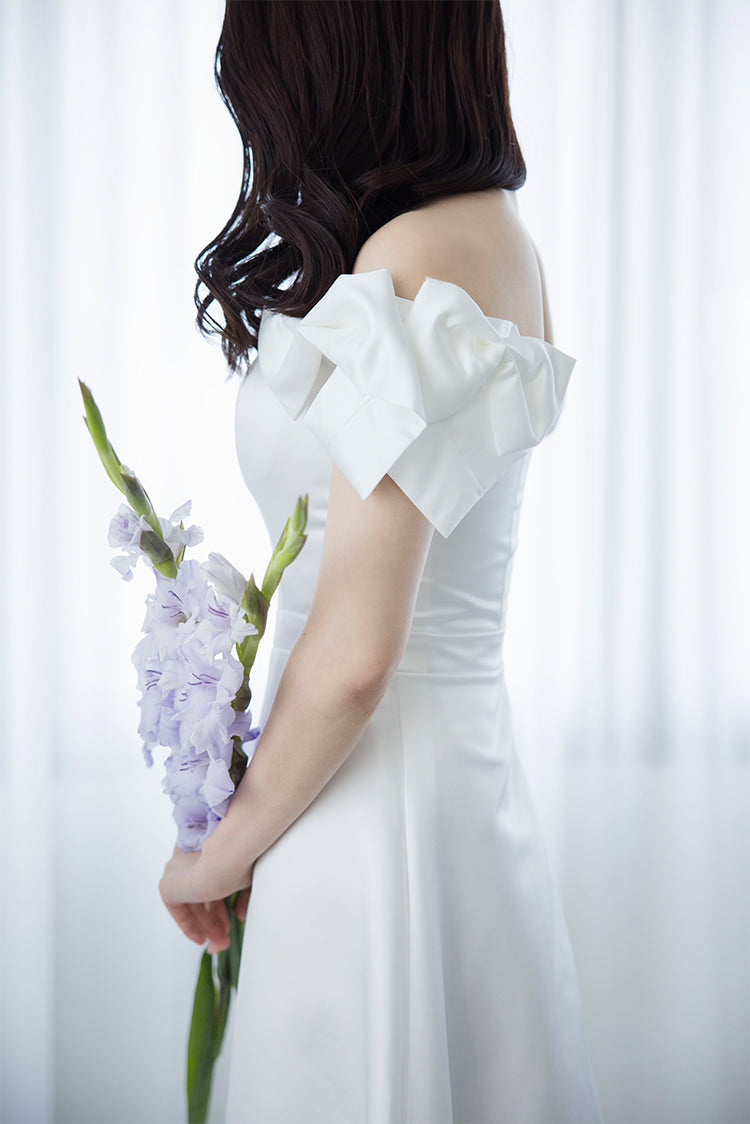 【wd674jx】サテンオフショルリボンドレス Aライン