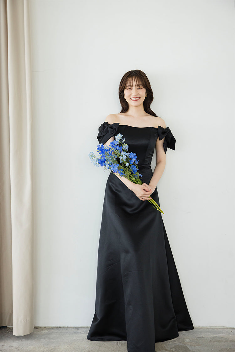 【wd674jx】サテンオフショルリボンドレス Aライン